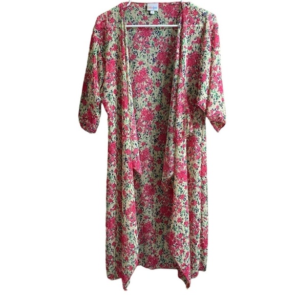 LuLaRoe Pink Floral Long Lined Open Front Semi Sheer Kimono Duster Size Small - Picture 1 of 5
